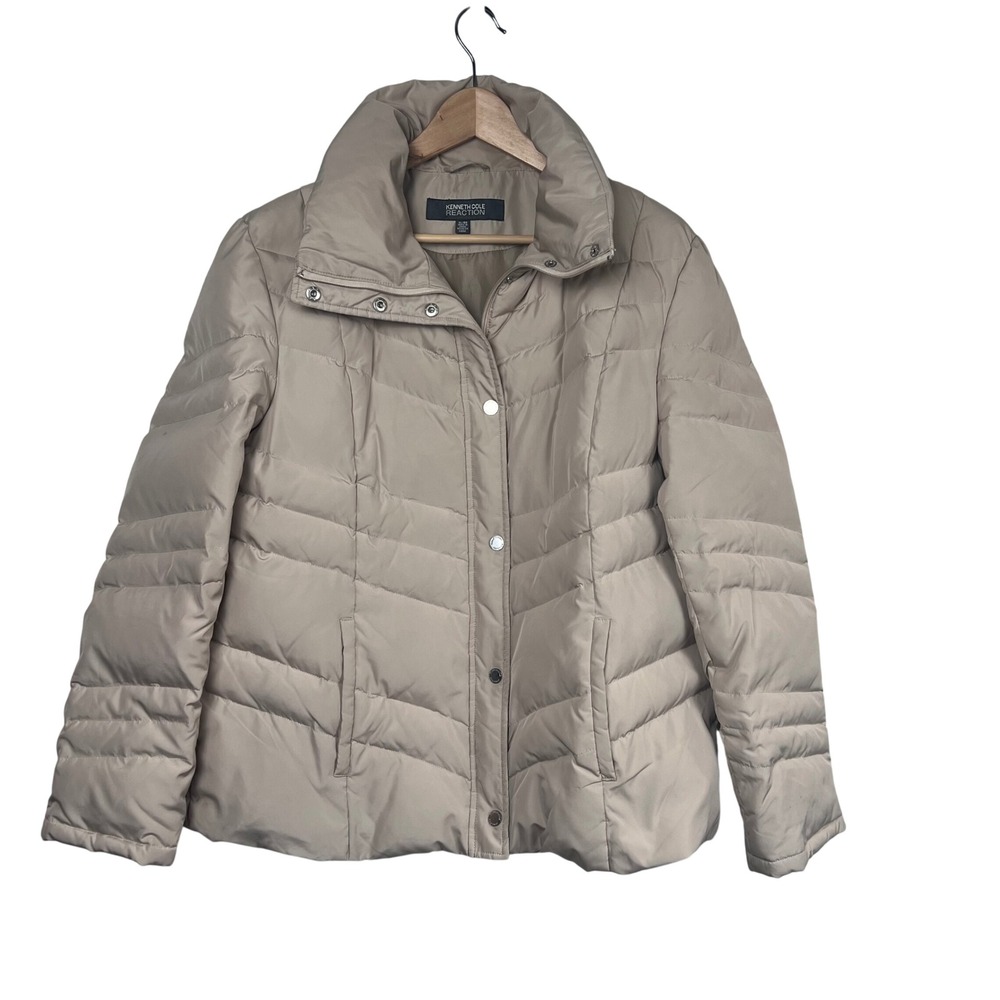 Kenneth Cole Reaction Womens Down Puffer Coat Beige XL Full Zip Quilted Pockets‎